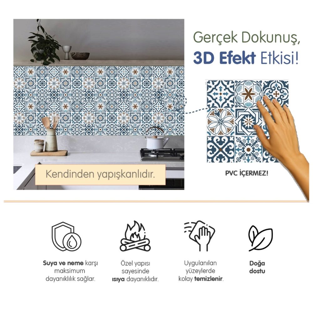 Stickez 3D Yapışkanlı Duvar Karosu Mavi 30.5x30.5 Cm 4'lü Paket