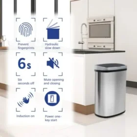 BestOffice | 13 Galon (49 Litre) Kapaklı Çöp Kovası | Otomatik Temassız Çöp Kutusu | Koku Kontrolü | Modern Oval Tasarım | Kolay Temizlenebilir | Paslanmaz Çelik | Mutfak, Banyo, Ofis ve Ev Kullanımına Uygun