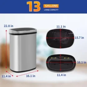 BestOffice | 13 Galon (49 Litre) Kapaklı Çöp Kovası | Otomatik Temassız Çöp Kutusu | Koku Kontrolü | Modern Oval Tasarım | Kolay Temizlenebilir | Paslanmaz Çelik | Mutfak, Banyo, Ofis ve Ev Kullanımına Uygun