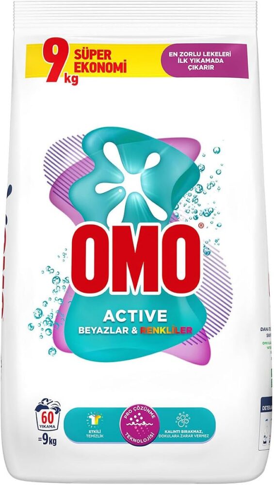 Omo Active Beyazlar ve Renkliler için Toz Çamaşır Deterjanı, 9 kg, 60 Yıkama, 1 Paket (1 x 9000 g)Omo Active Beyazlar ve Renkliler için Toz Çamaşır Deterjanı, 9 kg, 60 Yıkama, 1 Paket (1 x 9000 g)