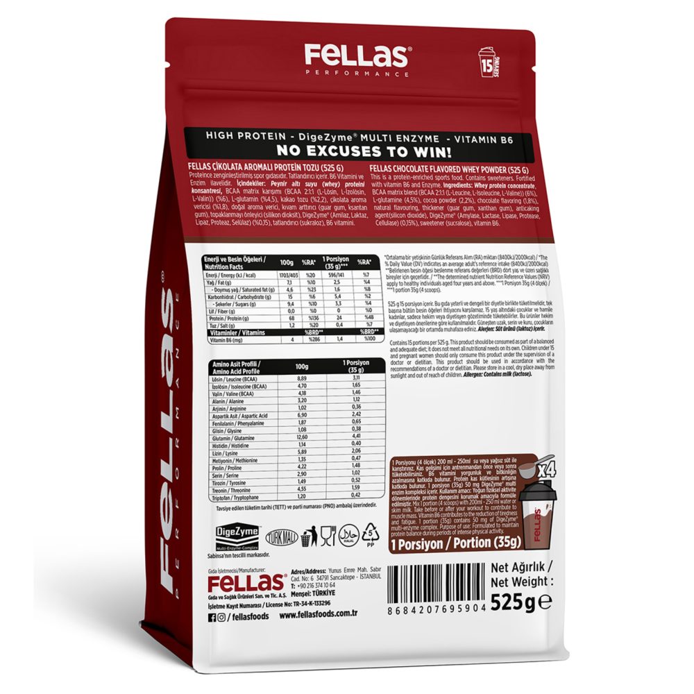 Fellas Çikolata Aromalı Protein Tozu 525 G