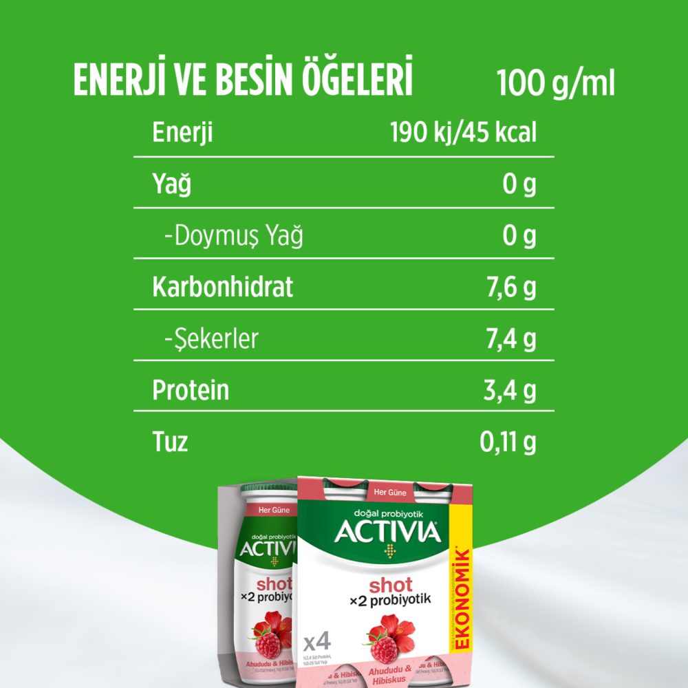 Activia Shot X2 Probiyotik Ahududu & Hibiskus 4 x 80 Ml