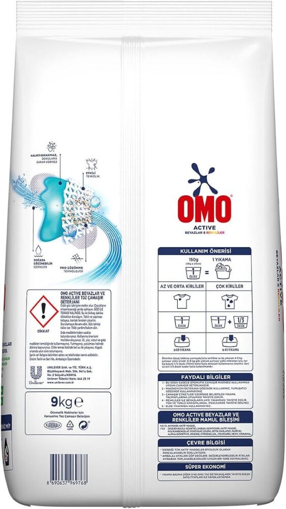Omo Active Beyazlar ve Renkliler için Toz Çamaşır Deterjanı, 9 kg, 60 Yıkama, 1 Paket (1 x 9000 g)Omo Active Beyazlar ve Renkliler için Toz Çamaşır Deterjanı, 9 kg, 60 Yıkama, 1 Paket (1 x 9000 g)