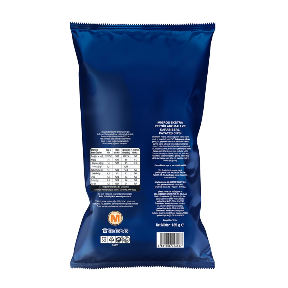 Migros Ekstra Peynir Aromalı ve Karabiberli Patates Cipsi 135 G