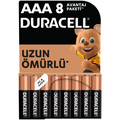 Duracell Alkalin AAA İnce Kalem Pil 1,5V (LR03 / MN2400) 8'li Paket