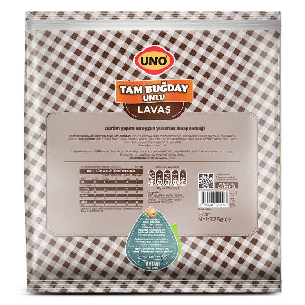 Uno Tam Buğday Lavaş 5'li 325 G
