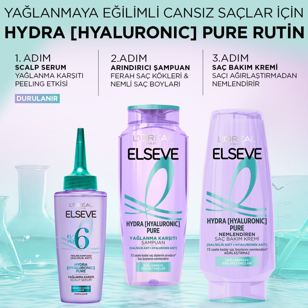 L'Oréal Paris Elseve Hydra [Hyaluronic] Pure Salisilik Asit İçeren Yağlanma Karşıtı Arındırıcı Şampuan 300 Ml